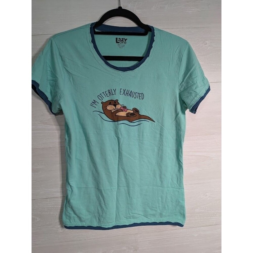 Lazy One Mother's Day Pajama Top Otterly Exhausted Mint Blue Tee Womens M